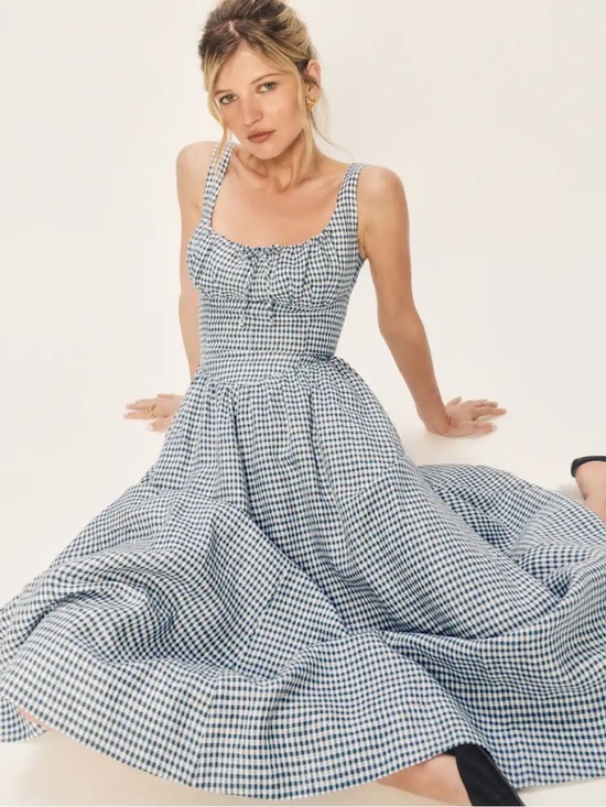 Reformation Dresses & Skirts - Reformation Balia Linen Dress in Slate Check Size 6 New